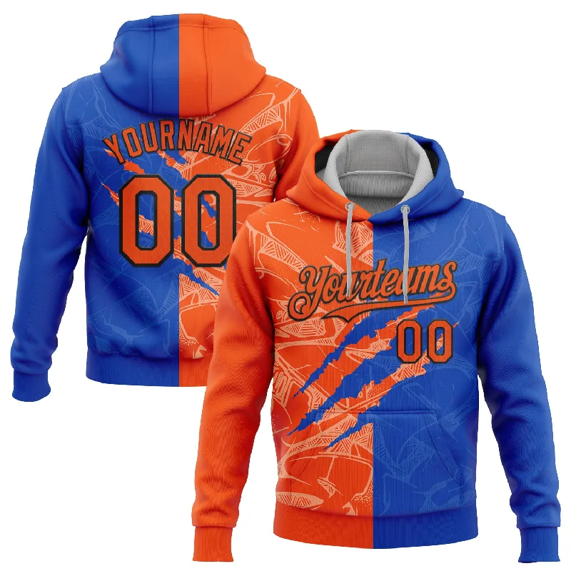 Women's Pocket Hoodies-Custom Stitched Graffiti Pattern Orange Thunder Blue-Black 3D Scratch Sports Pullover Sweatshirt Hoodie