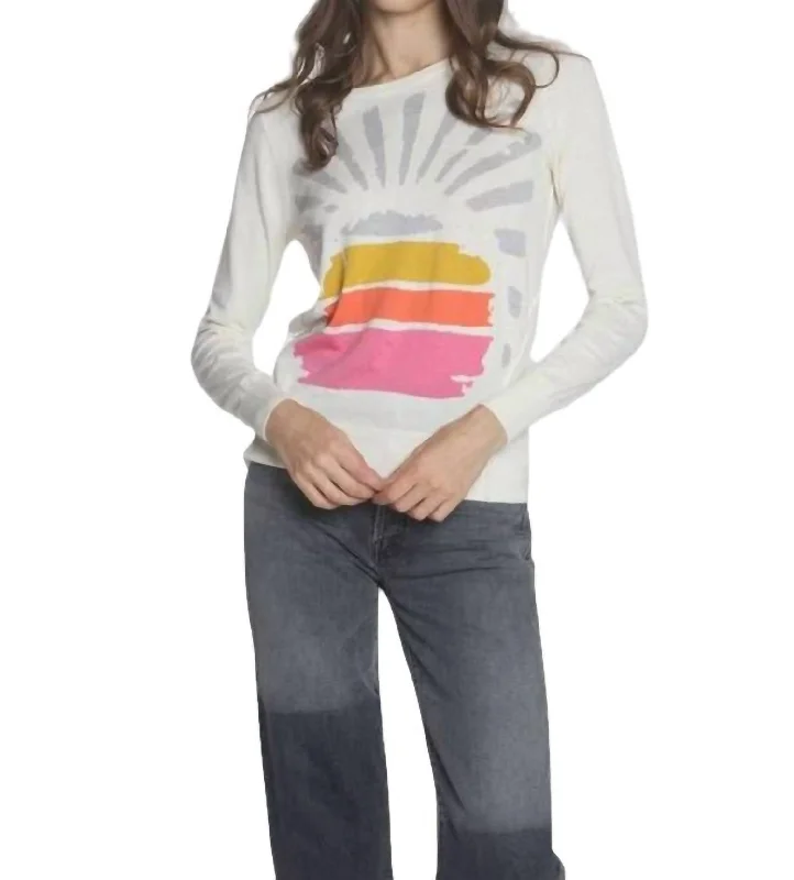 Women's Lace A-Line Pullovers-Sunburst Crew Top In White Multi