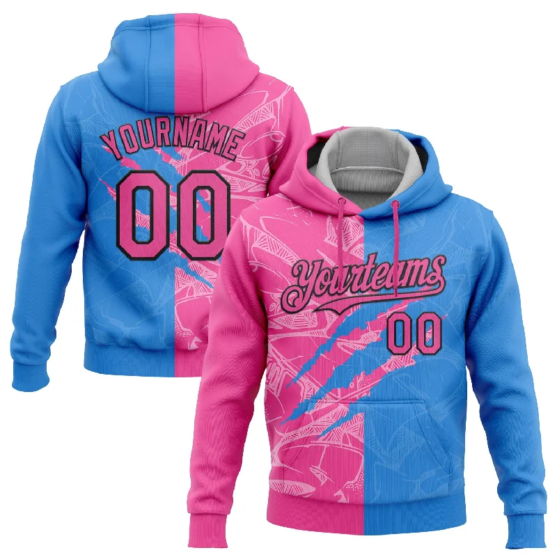 Women's Puff Sleeve Hoodies-Custom Stitched Graffiti Pattern Pink Powder Blue-Black 3D Scratch Sports Pullover Sweatshirt Hoodie