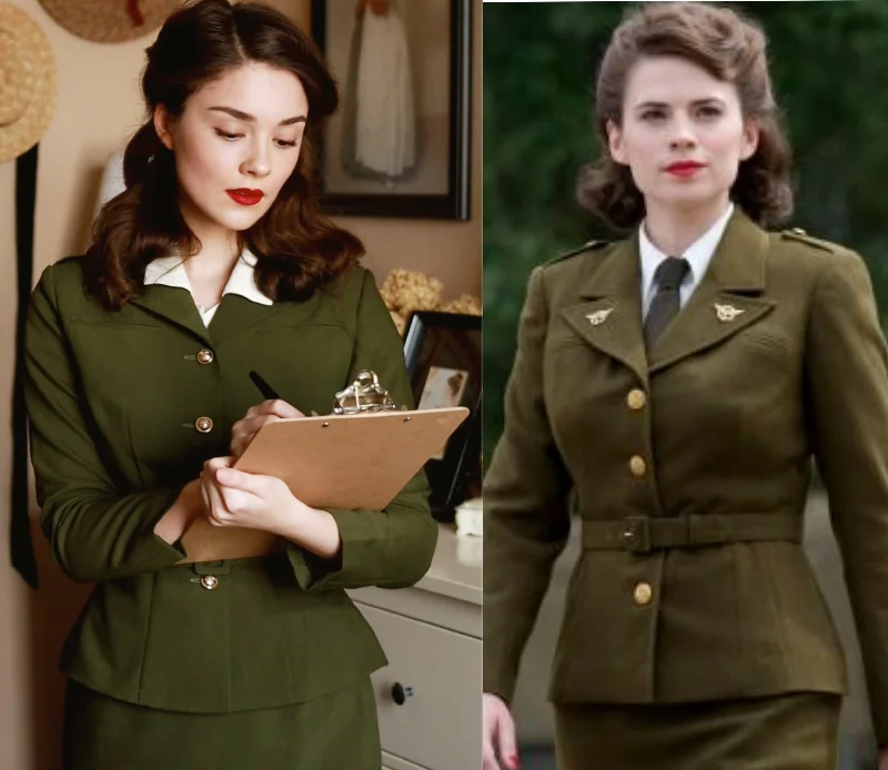 Women's Metallic Denim Skirts-Agent Carter military suit- vintage inspired suit with pencil skirt