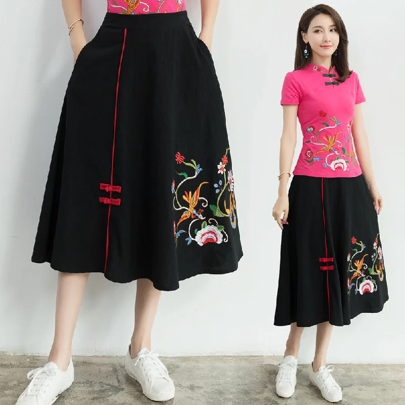 Women's Striped Skirts-Plus Size Chinese Embroidery A Line Skirt