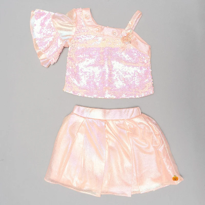 Women's Windproof Denim Skirts-Peach Sequin Skirt & Top for Kids