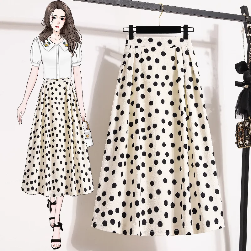 Women's Double Layer Skirts-Plus Size Polka Dots A Line Midi Skirt