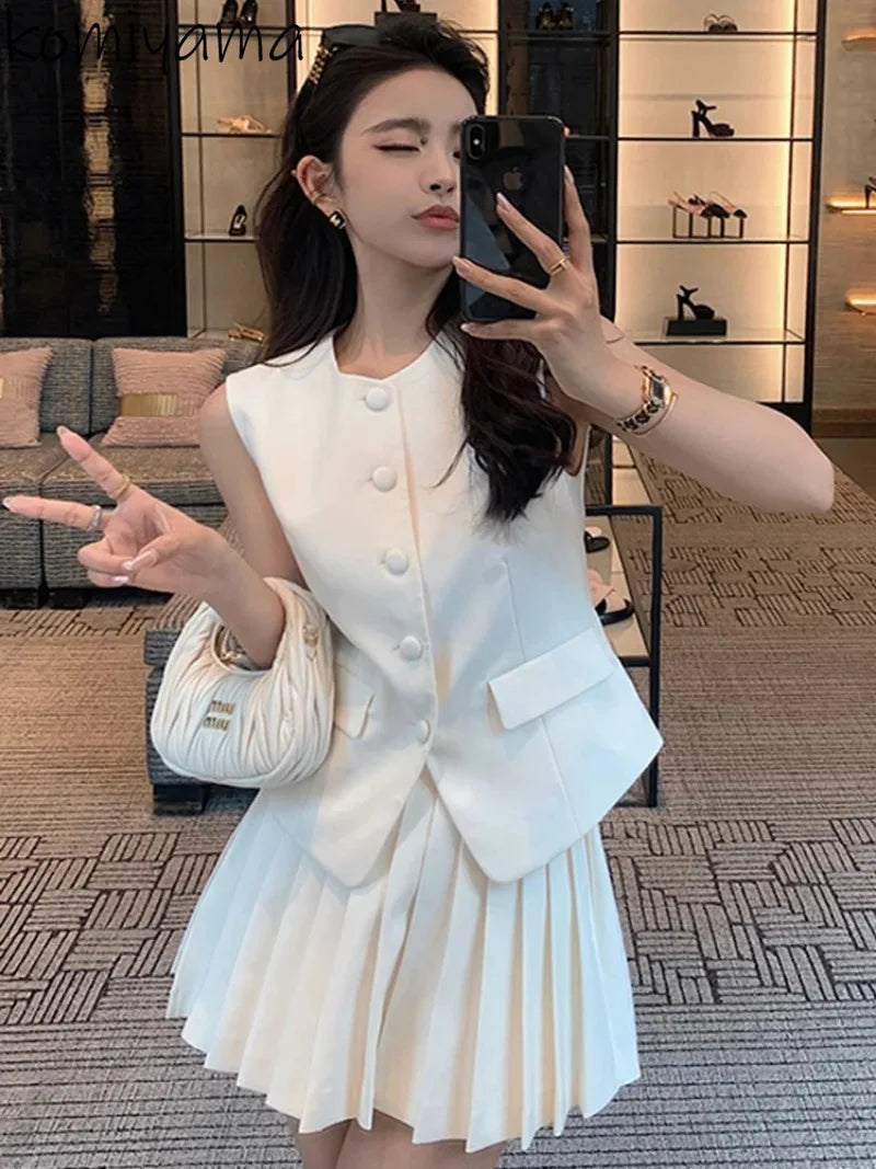 Women's Satin Denim Skirts-Summer 2024 Two Piece Sets Round Neck Sleeveless Vest Tops High Waist Pleated A-line Mini Skirt Samlll Fragrance Women Suits