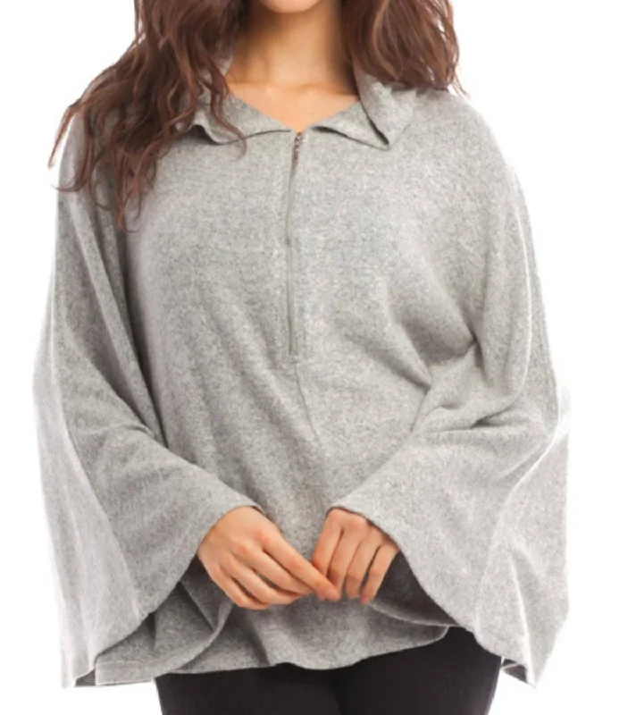 Women's Zip Pullovers-Sophia Kashmira Hooded Poncho In Gray