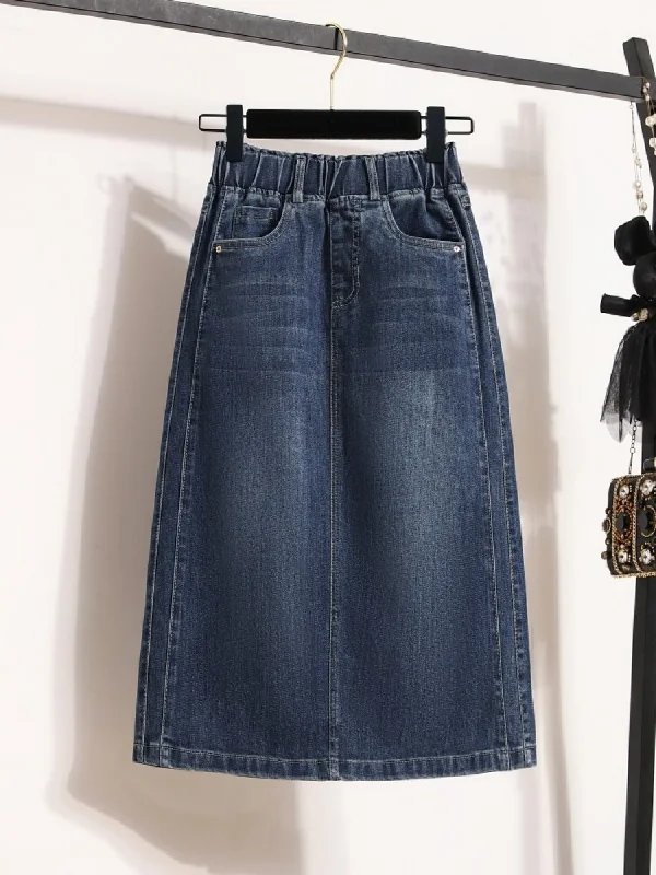 Women's Button-Front Denim Skirts-Plus Size Stretchband Denim Midi Skirt