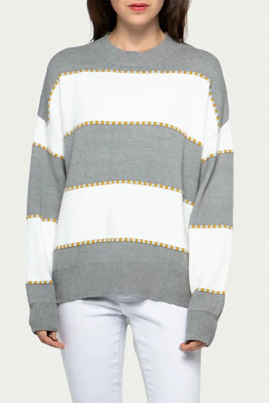 Women's Lounge Pullovers-Two-Tone Striped Crewneck Sweater In Heather Grey