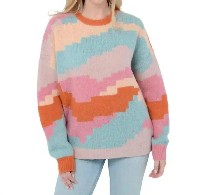 Women's Textured Ruffle Pullovers-Ersa Sweater In Multi Blue Pink