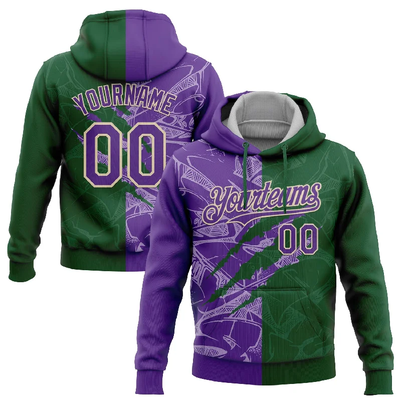 Women's Shirred Hoodies-Custom Stitched Graffiti Pattern Purple Green-Cream 3D Scratch Sports Pullover Sweatshirt Hoodie