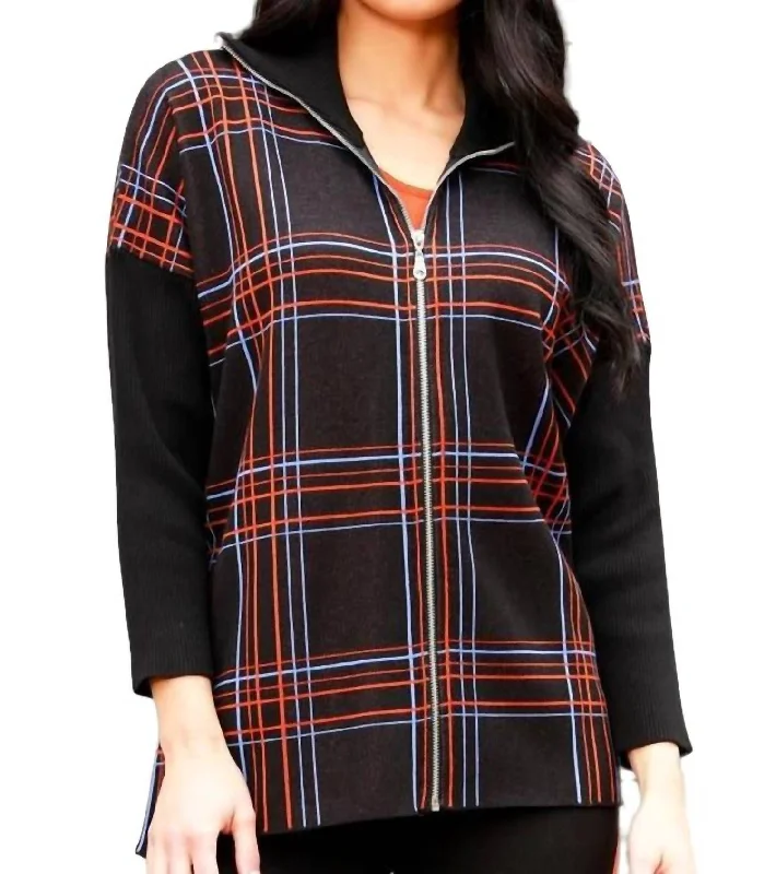 Women's Fleece Pencil Pullovers-Zip Plaid Poncho In Black/multi