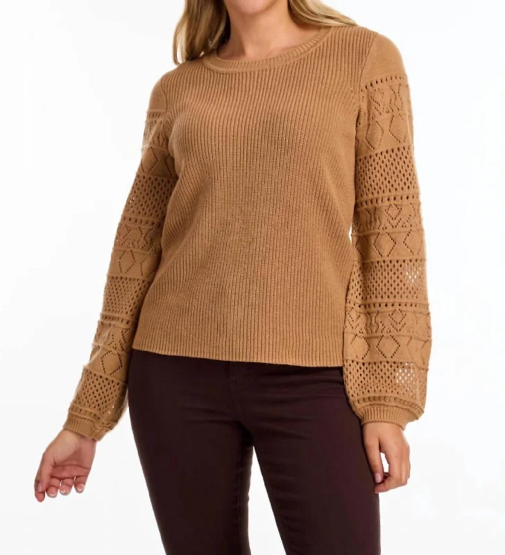 Women's Textured A-Line Pullovers-Crochet Sleeve Sweater In Cafe