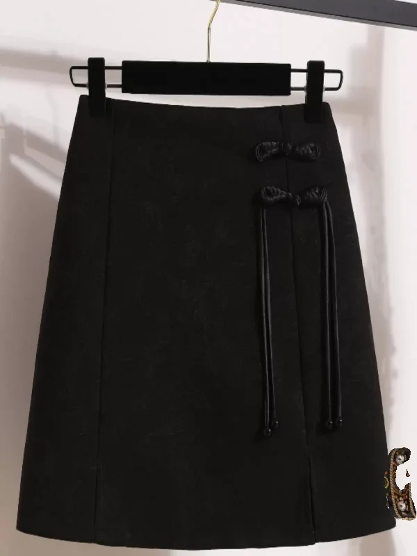 Women's Slit Ruffle Skirts-Plus Size Chinese Button Black Short Skirt