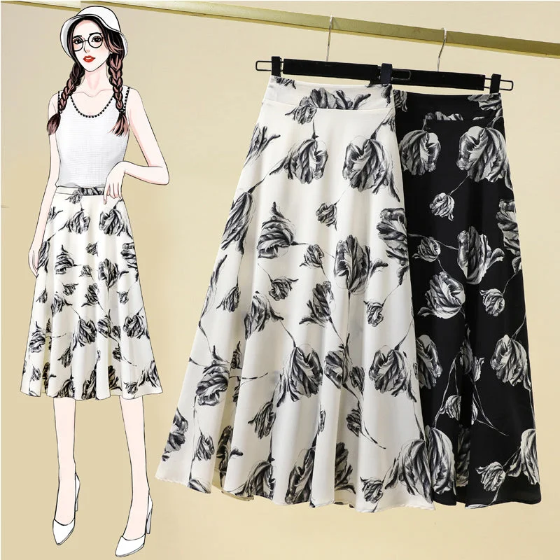 Women's Low-Waisted A-Line Skirts-Plus Size Floral Graphic Swing Midi Skirt