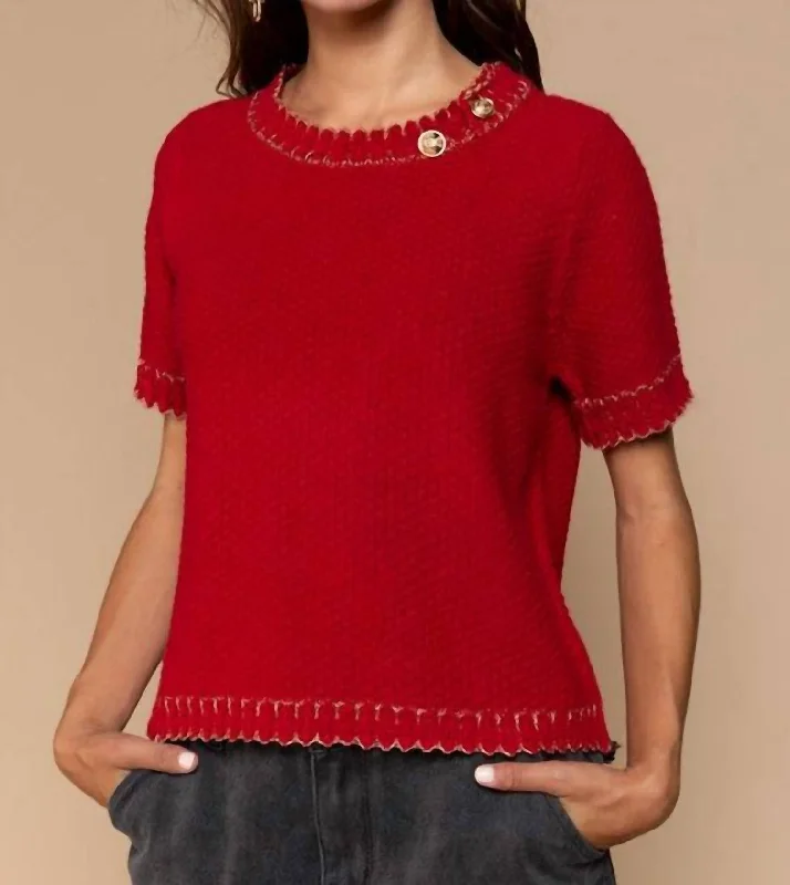 Women's Low-Waisted Denim Pullovers-Round Neck With Gold Button Detail Sweater In Ruby