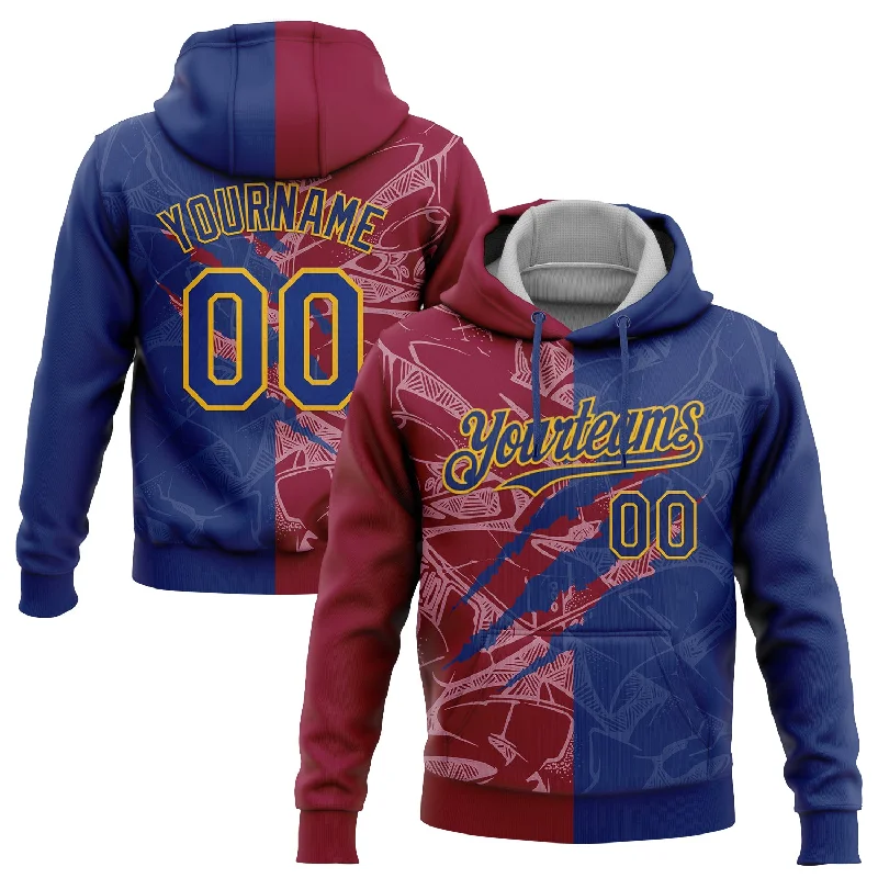 Women's Smocked Hoodies-Custom Stitched Graffiti Pattern Royal Maroon-Gold 3D Scratch Sports Pullover Sweatshirt Hoodie