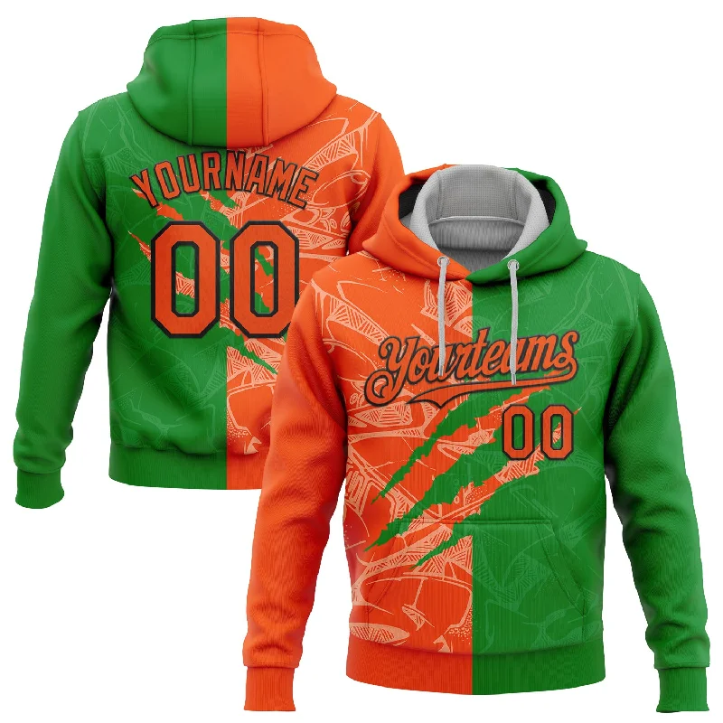 Women's Patchwork Hoodies-Custom Stitched Graffiti Pattern Orange Grass Green-Black 3D Scratch Sports Pullover Sweatshirt Hoodie