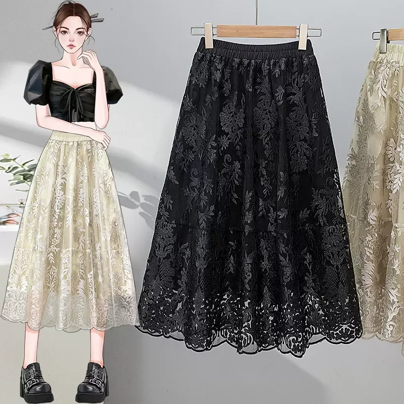 Women's Ribbed Floral Skirts-Plus Size Royal Lace A Line Skirt