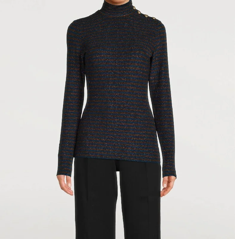 Women's Tulle Pencil Pullovers-Buttoned Turtleneck Sweater In Blue/bronze Metallic Stripe