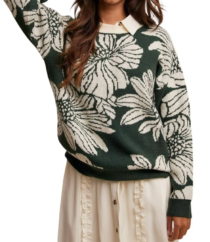 Women's Textured Floral Pullovers-Adele Floral Sweater In Hunter Green