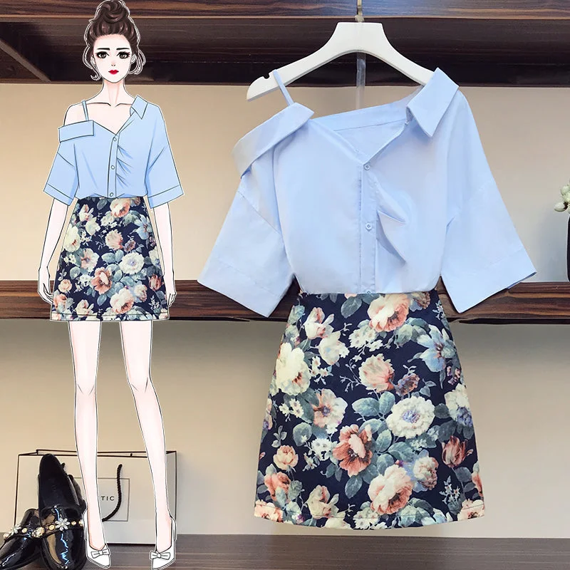 Women's Insulated Pencil Skirts-Plus size off shoulder blue short sleeve blouse and floral mini skirt set