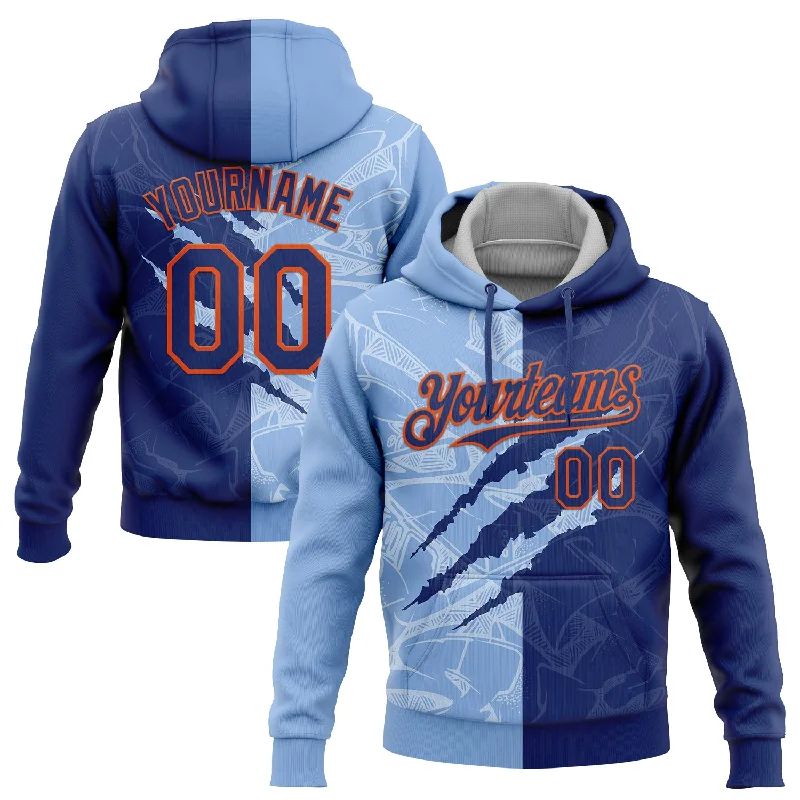 Women's Stone Wash Hoodies-Custom Stitched Graffiti Pattern Royal Light Blue-Orange 3D Scratch Sports Pullover Sweatshirt Hoodie