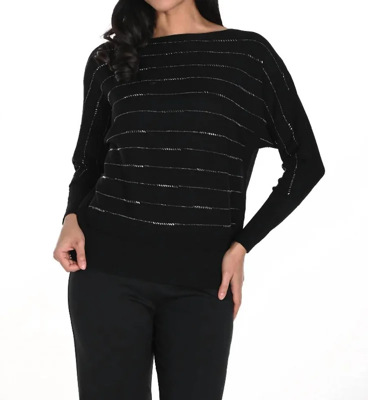 Women's Shawl Collar Pullovers-Boat Neck Striped Knit Sweater In Black/Grey