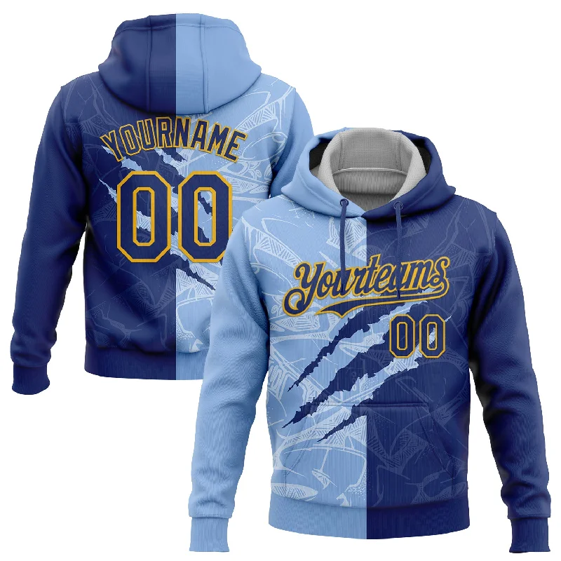 Women's Split Sleeve Hoodies-Custom Stitched Graffiti Pattern Royal Light Blue-Gold 3D Scratch Sports Pullover Sweatshirt Hoodie