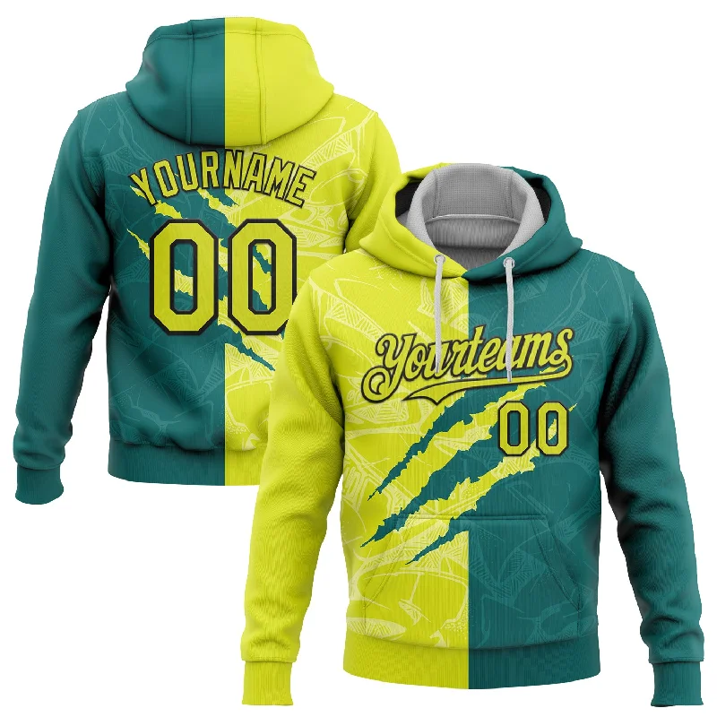 Women's Relaxed Fit Hoodies-Custom Stitched Graffiti Pattern Neon Yellow Teal-Black 3D Scratch Sports Pullover Sweatshirt Hoodie