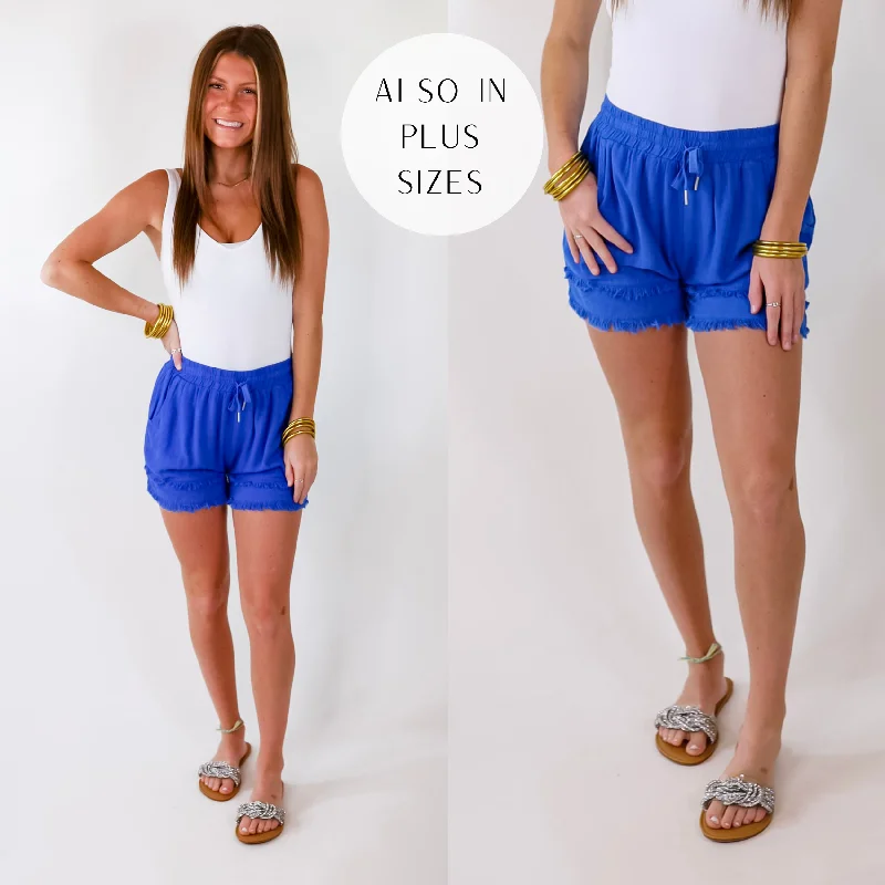 Women's Satin Pleated Skirts-On Vacation Time Distressed Hem Shorts in Cobalt Blue