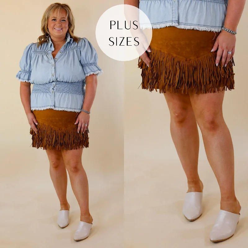 Women's Ruffle Skirts-Plus Sizes | Pep Into Your Step Suede Fringe Skirt in Camel Brown