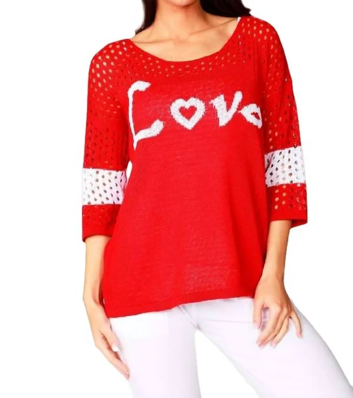 Women's Satin A-Line Pullovers-Crochet Love Crew In Red