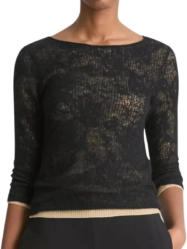 Women's Textured Ruffle Pullovers-Lace Stitch Layered Sweater In Black/gold Cliff