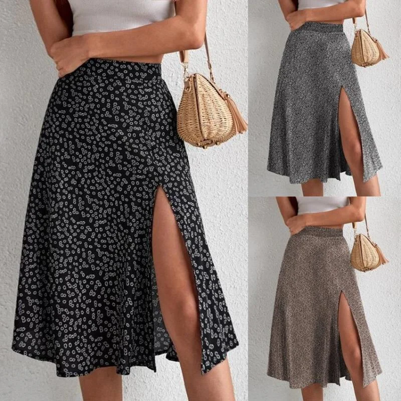 Women's Metallic Floral Skirts-Women'S Fashion Tiny Flower Printing Slit Irregular Skirt