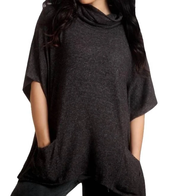 Women's Slit Pleated Pullovers-Harper Kashmira Cowl Neck Poncho In Charcoal