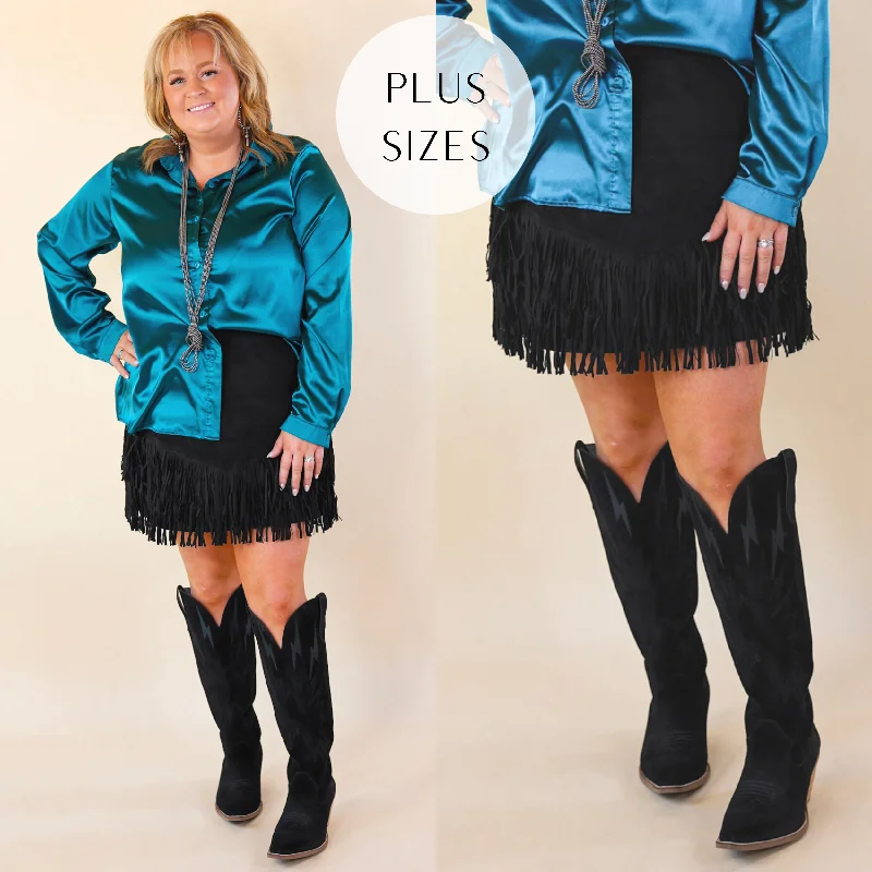 Women's Satin Denim Skirts-Plus Sizes | Pep Into Your Step Suede Fringe Skirt in Black