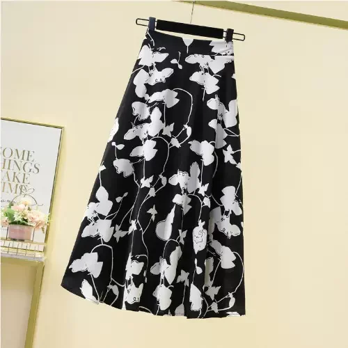 Women's Modern Skirts-Plus Size Korean Sketch Monochrome Floral Swing Skirt