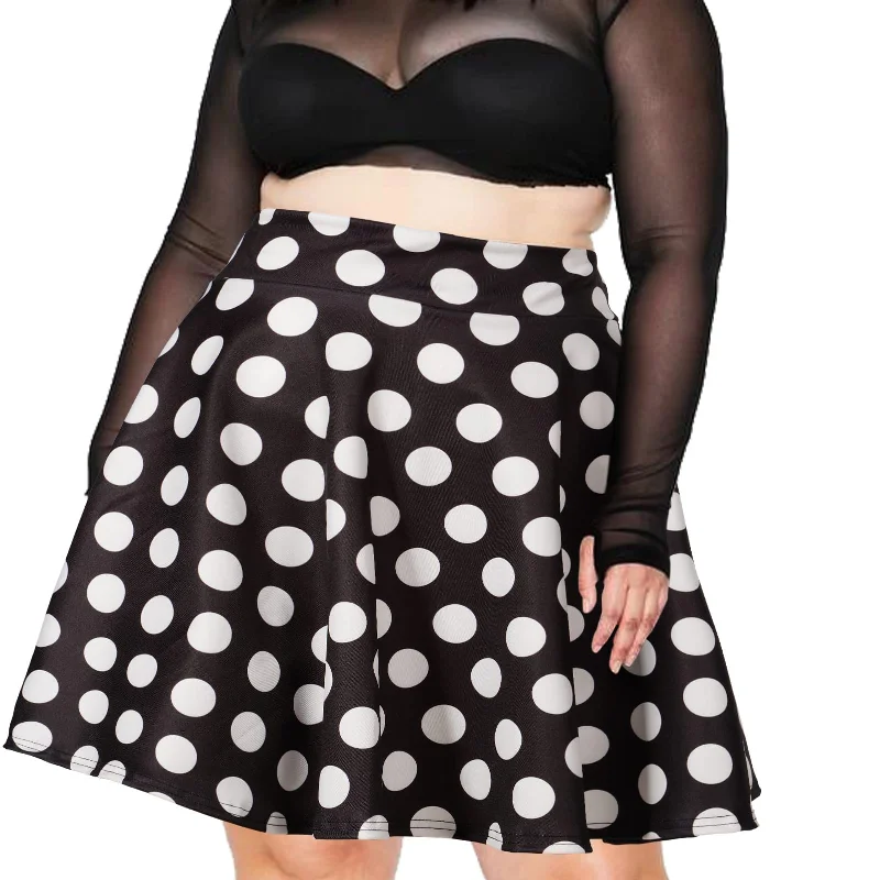 Women's Floral Print Skirts-High Waisted Skater Skirt Plus Size-Black & White Dots