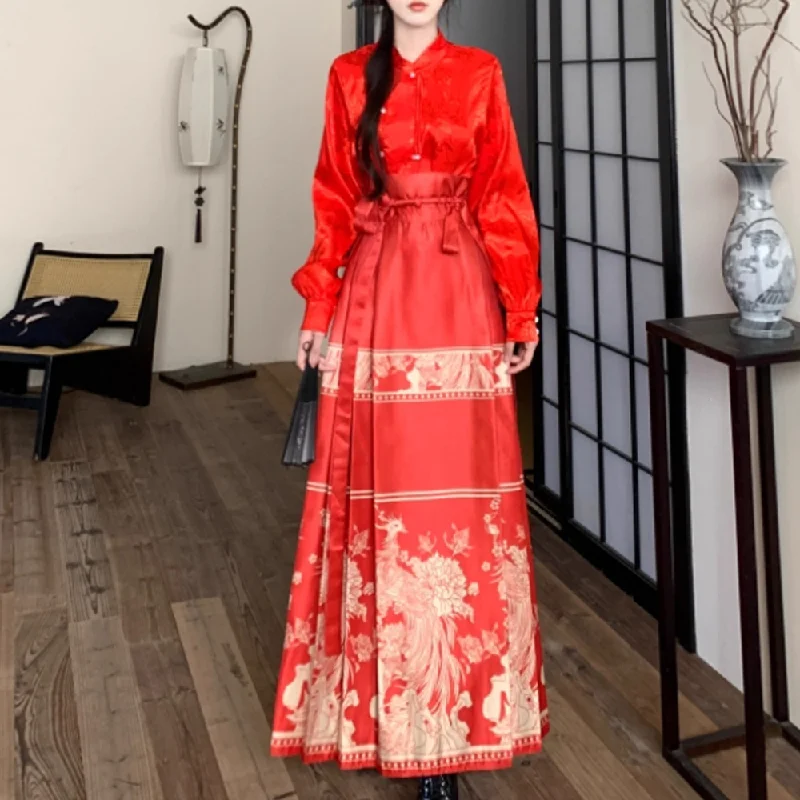 Women's Textured Pleated Skirts-Plus Size Qipao Long Sleeve Top And Chinese Skirt Set