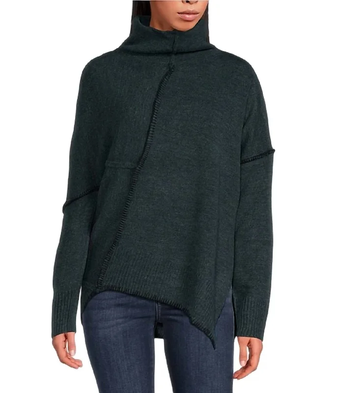 Women's Thermal Floral Pullovers-Turtleneck Long Sleeve Asymetrical Sweater In Teal Blue