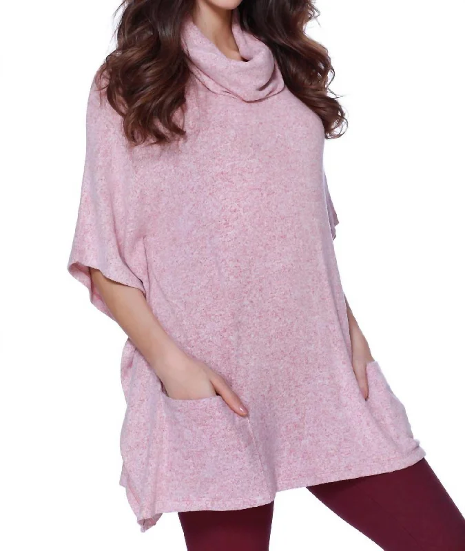 Women's Silk Ruffle Pullovers-Harper Kashmira Cowl Neck Poncho In Rose