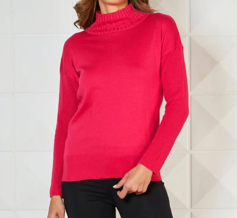 Women's Glitter Denim Pullovers-Braided Mock Neck Ribbed Sleeve Top In Rose