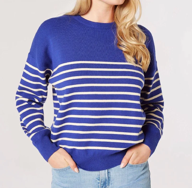 Women's Hooded Pullovers-Crew Neck Striped Sweater In Cobalt