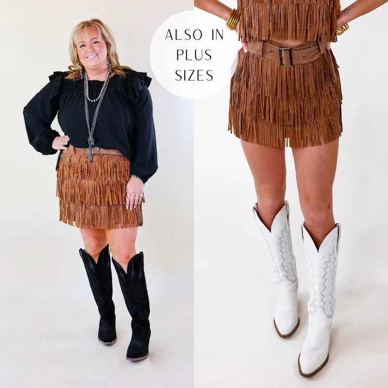 Women's Sequin A-Line Skirts-Cowboy Killer Crystal Fringe Mini Skort in Camel Brown