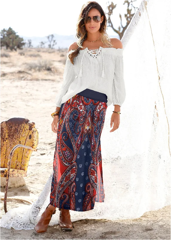 Women's Insulated Pleated Skirts-Batik Printed Maxi Skirt - Navy Multi