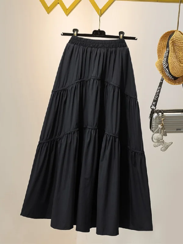 Women's Waterproof Pleated Skirts-Plus Size Tier Black A Line Midi Skirt