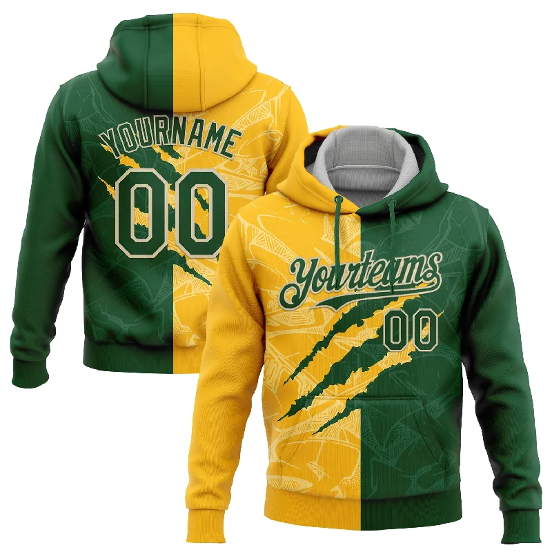 Women's Sash Waist Hoodies-Custom Stitched Graffiti Pattern Green Gold-Cream 3D Scratch Sports Pullover Sweatshirt Hoodie