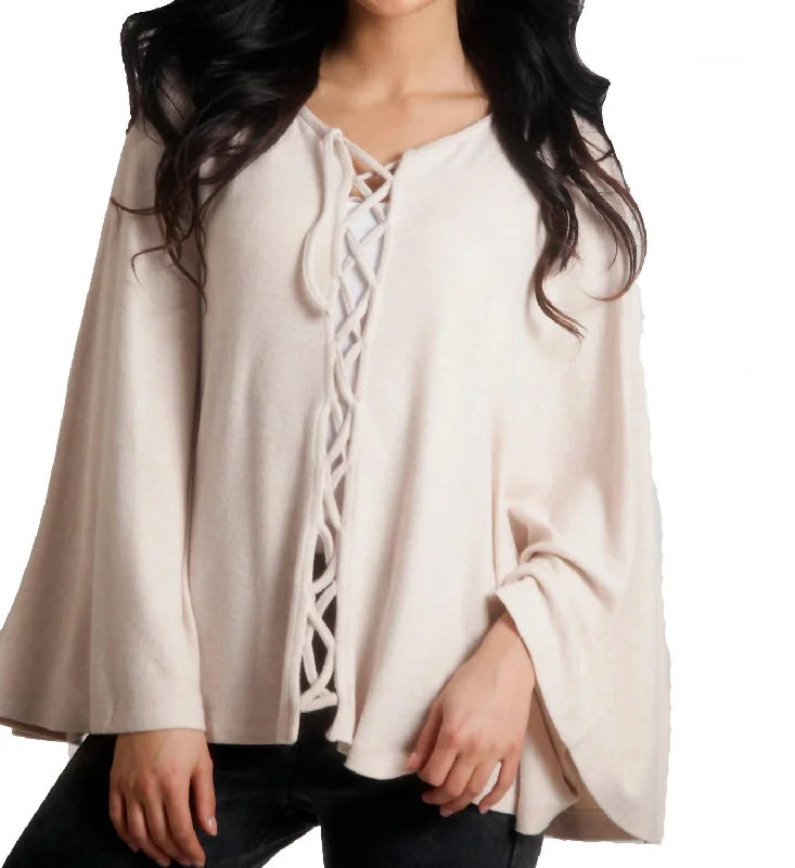 Women's Textured Pencil Pullovers-Jessica Kashmira Poncho In Beige