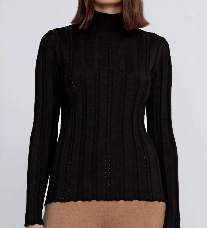 Women's Slit Ruffle Pullovers-Opal Mock Neck Sweater In Black