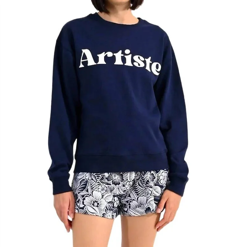 Women's Slit Denim Pullovers-Artiste Sweatshirt In Navy Blue