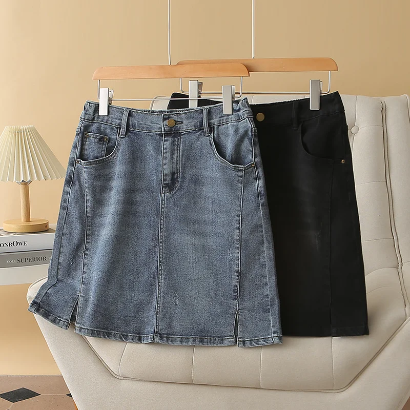 Women's High-Waisted Skirts-Plus Size Stretchy Short Denim Skirt